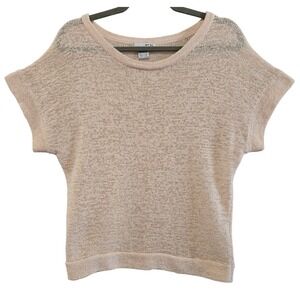 WD-NY‎ Women's L Boho Chic Tan Short Sleeve Ribbon Knit Cotton Blend Sweater